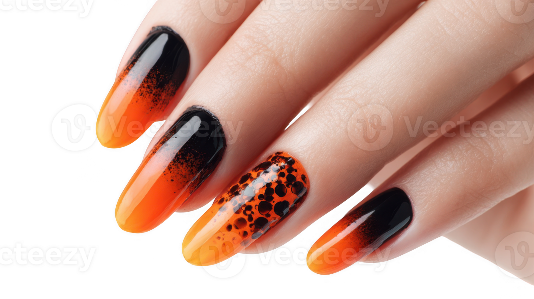 Woman hand showing halloween nail art with black and orange gradient on transparent background png