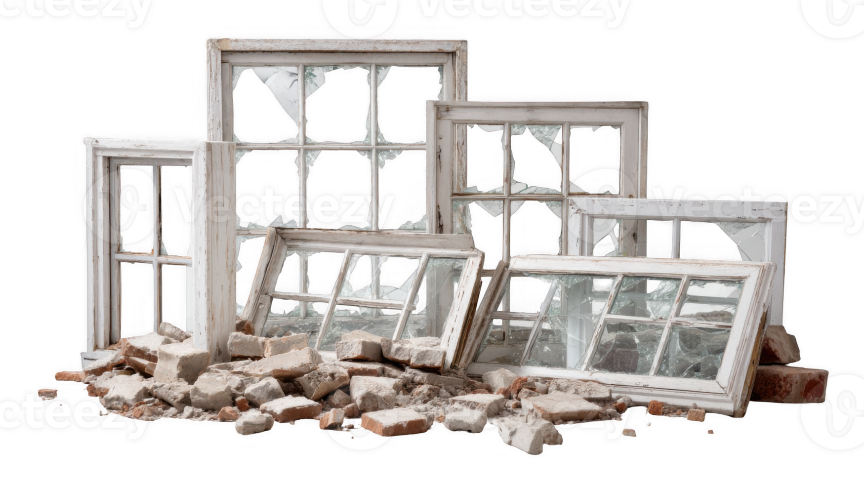Broken window frames resting on pile of rubble with transparent background png