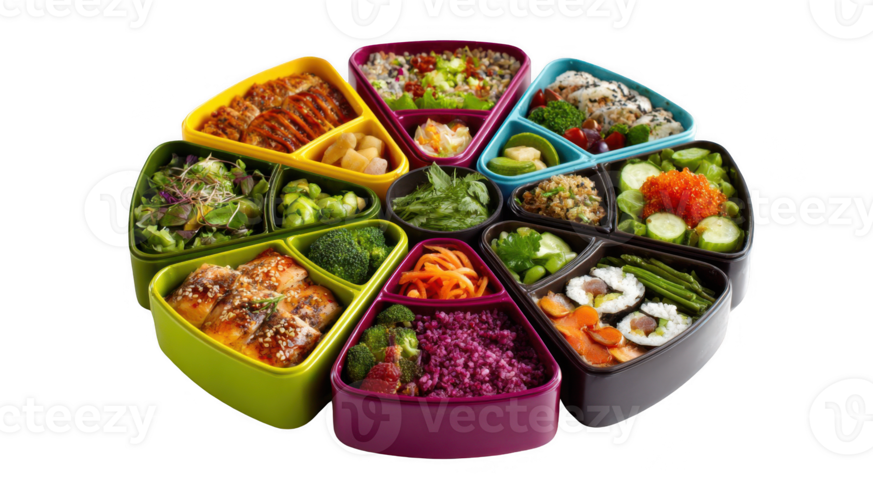 Colorful bento boxes forming a circle on transparent background png