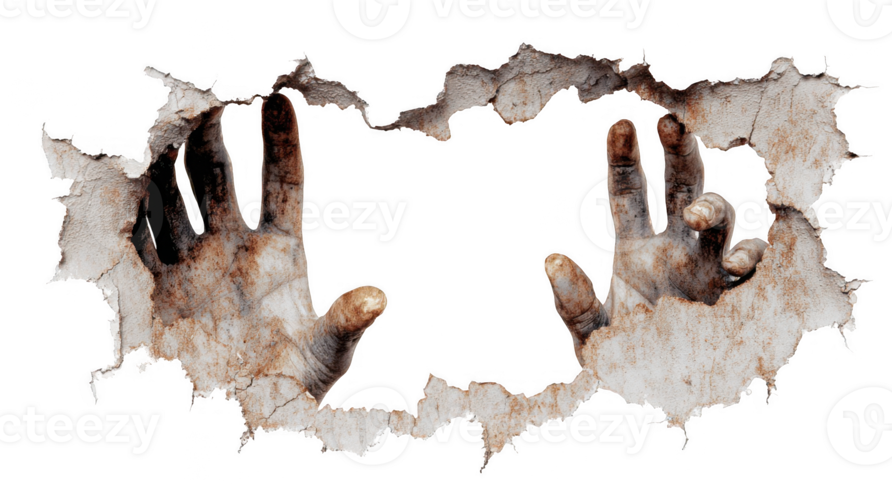 Decayed zombie hands breaking through wall on transparent background png
