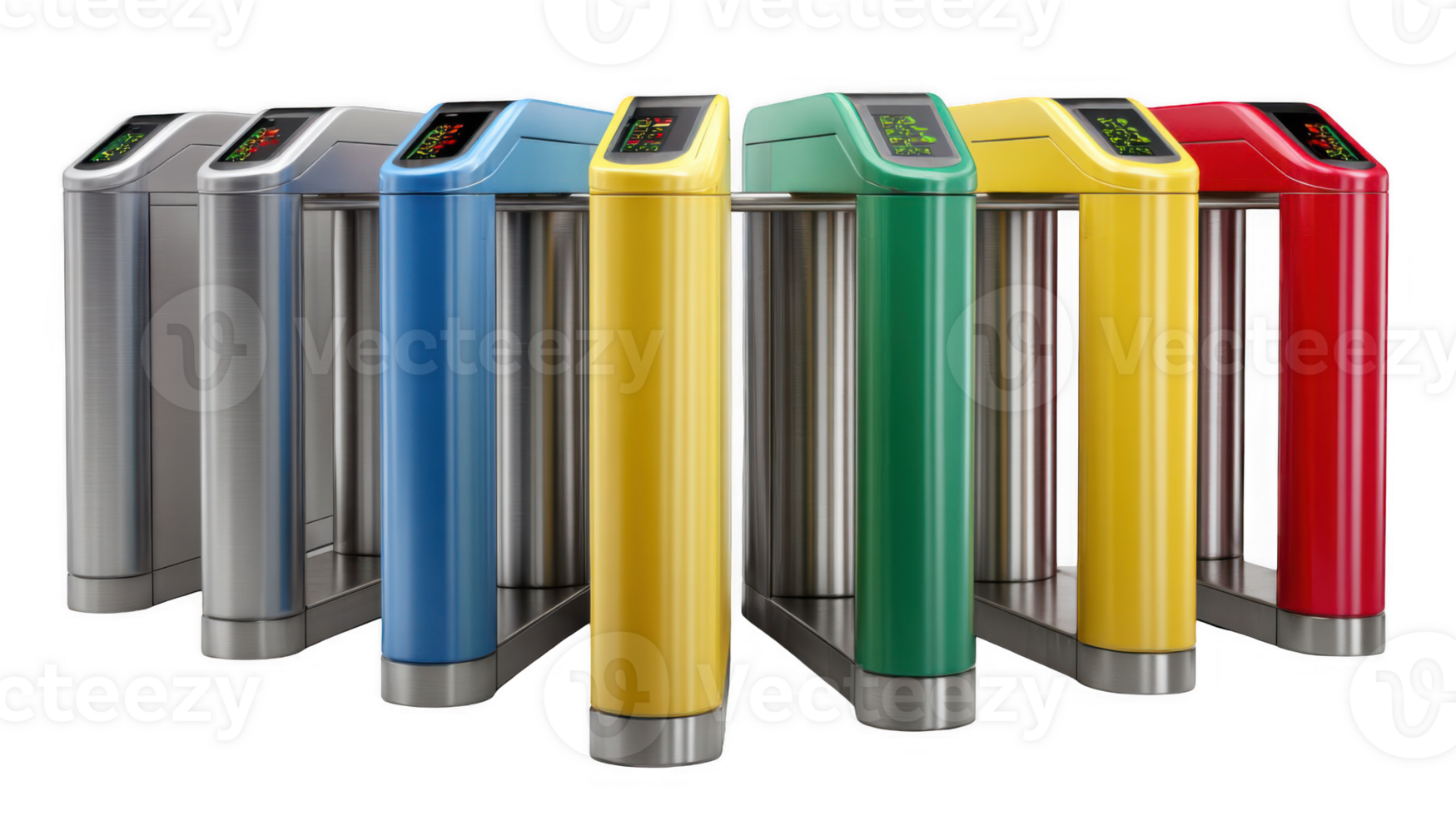 Colorful row of turnstiles access control for public transportation on transparent background png