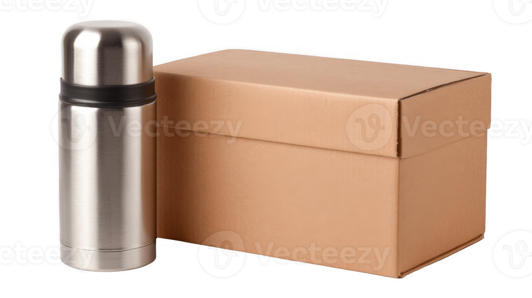 Metal thermos resting next to cardboard box on transparent background png