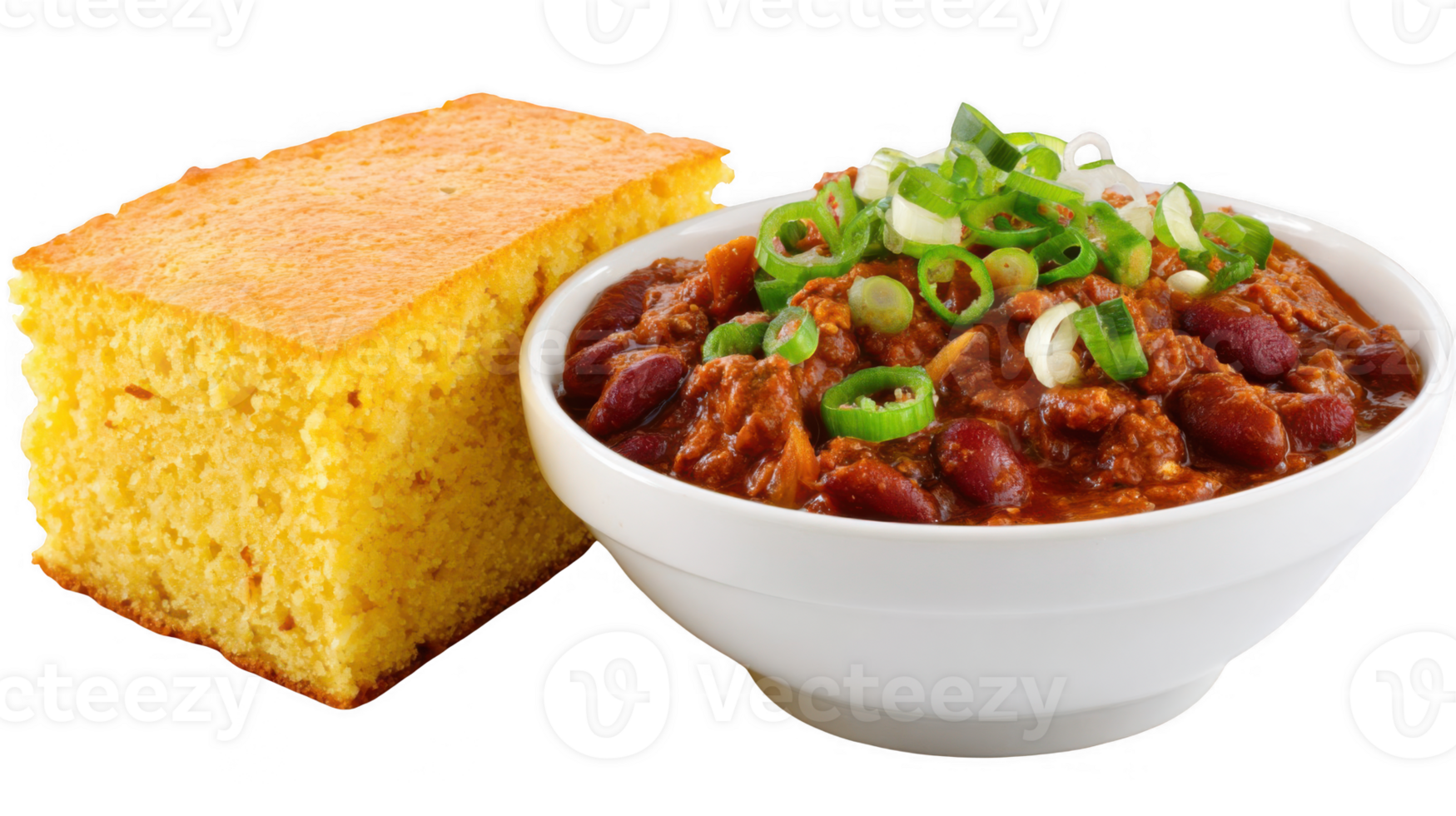 Chili con carne with cornbread and green onions on transparent background png