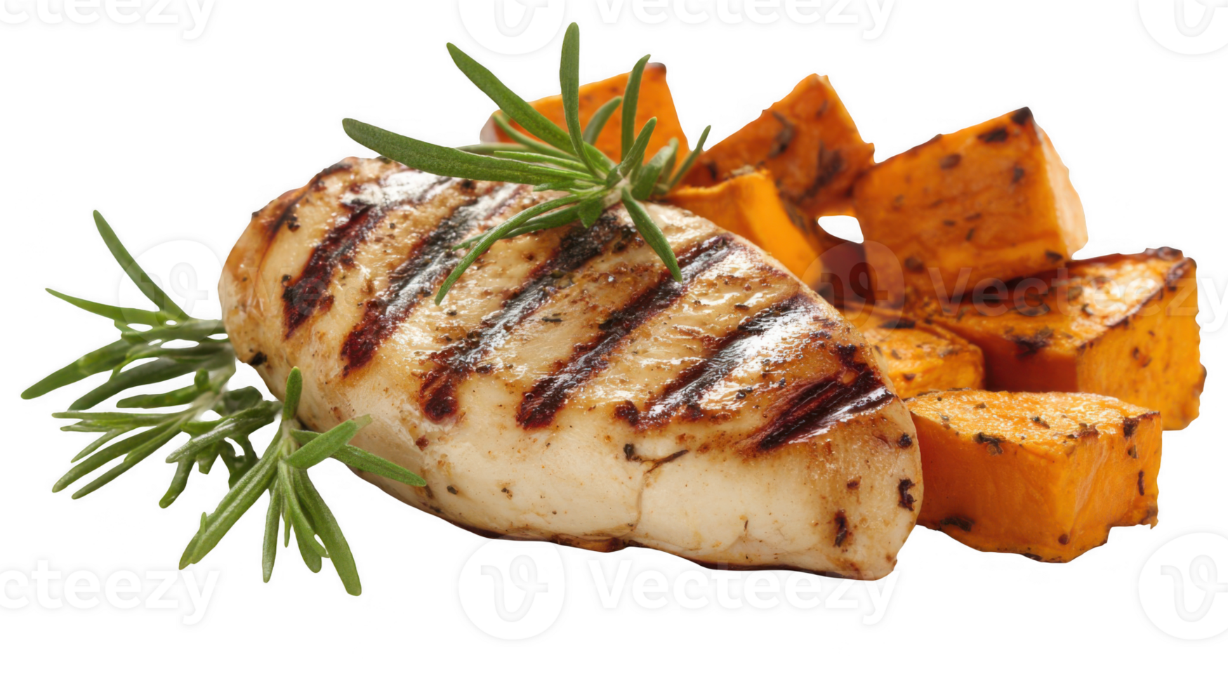 Grilled chicken breast with roasted sweet potatoes and rosemary on transparent background png