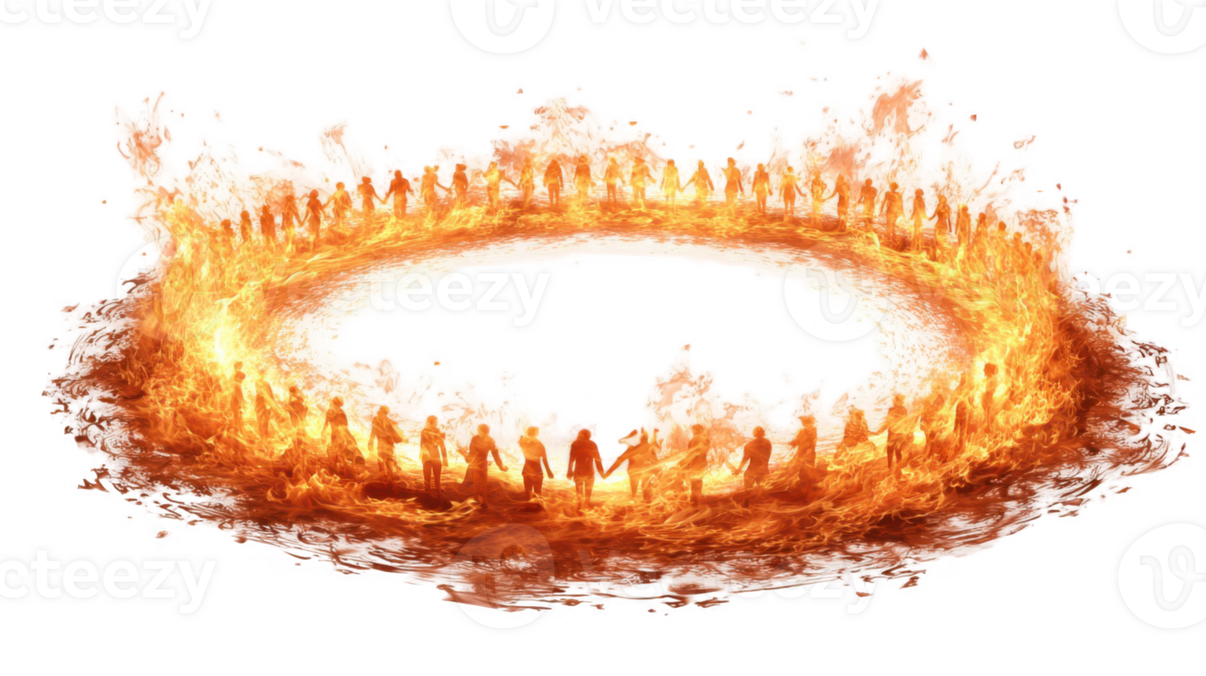 People silhouettes forming a circle of fire with transparent background png