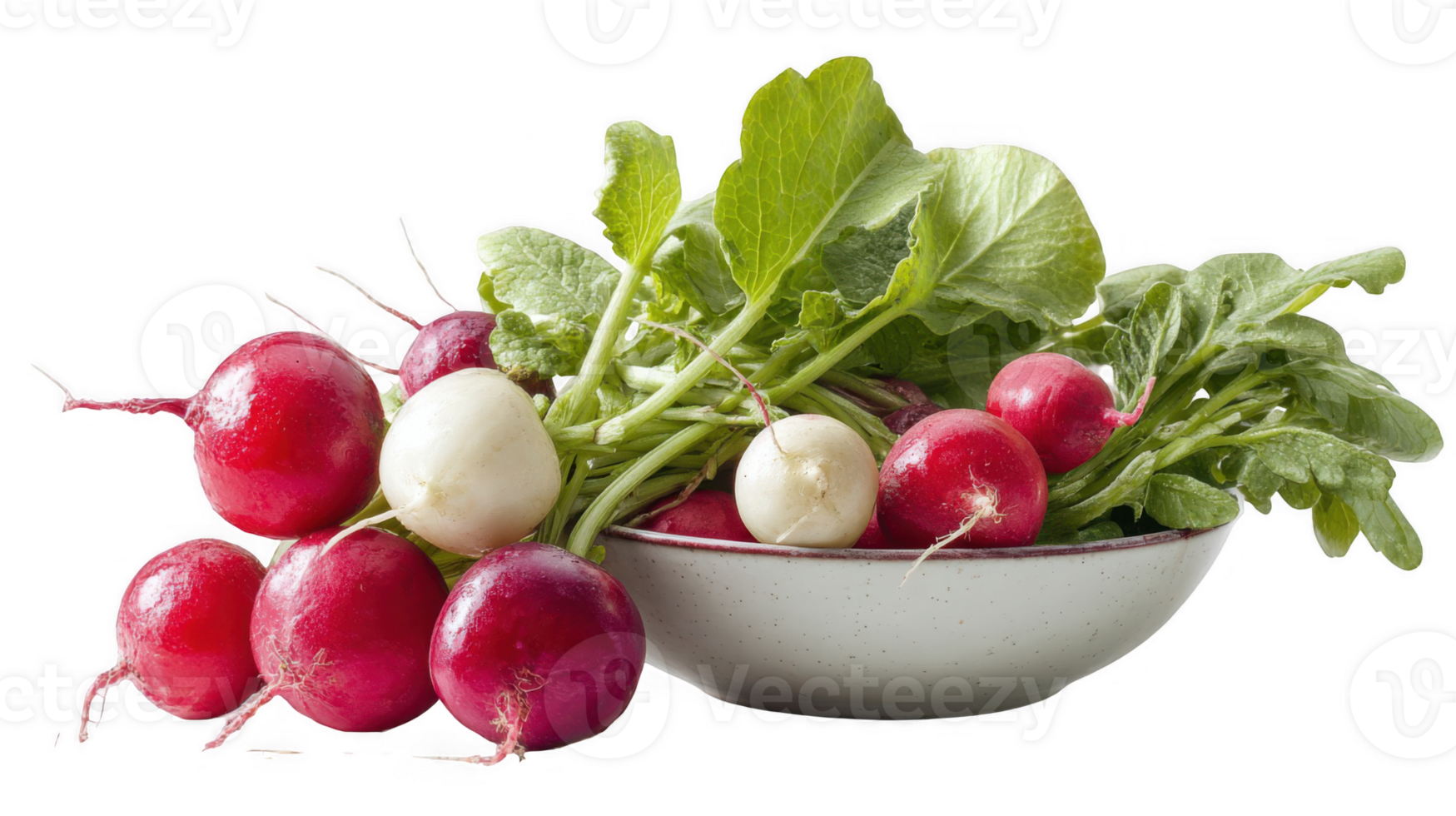 Fresh radishes with green leaves resting beside a bowl on transparent background png