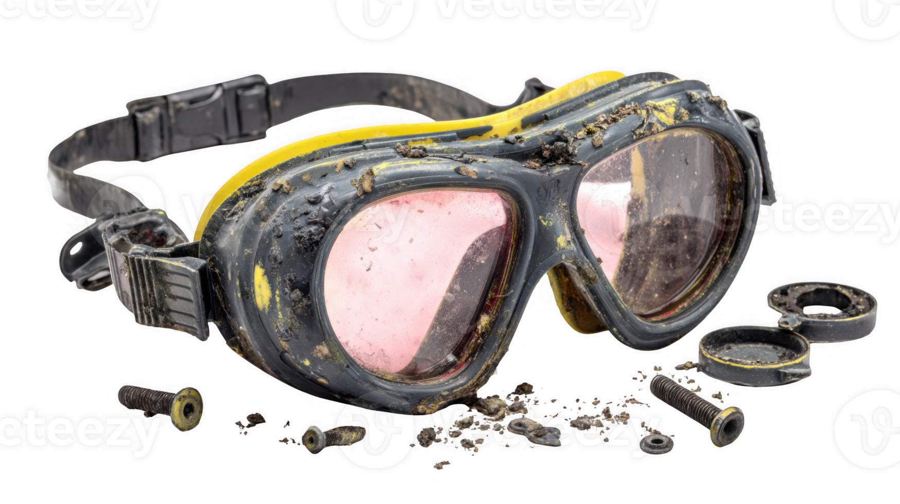 Broken goggles covered in mud on transparent background png