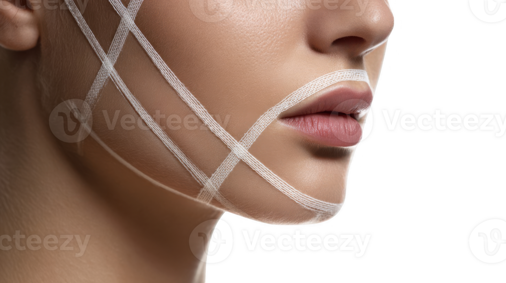 Woman showing face with lifting tape on transparent background png