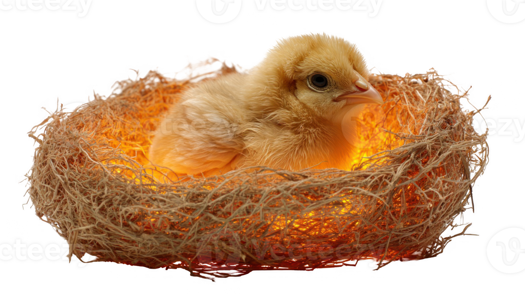 Baby chick resting in nest illuminated by heat lamp with transparent background png