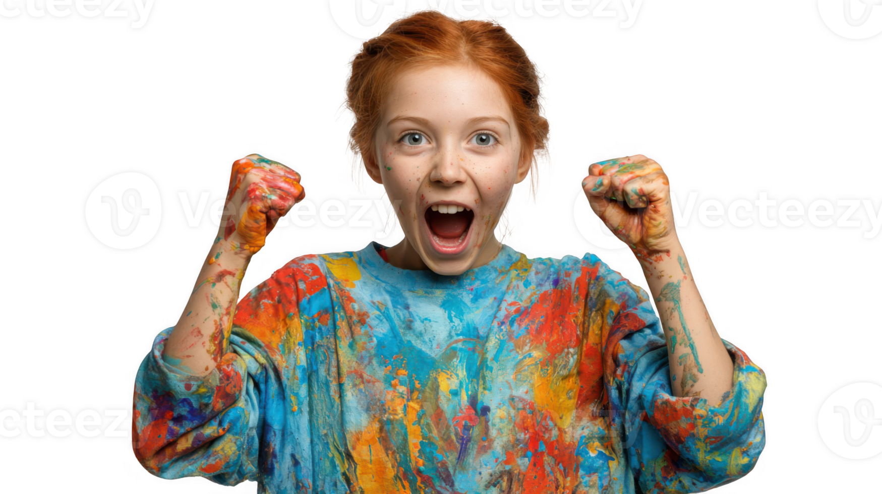 Redhead painter girl celebrating with colorful hands and transparent background png