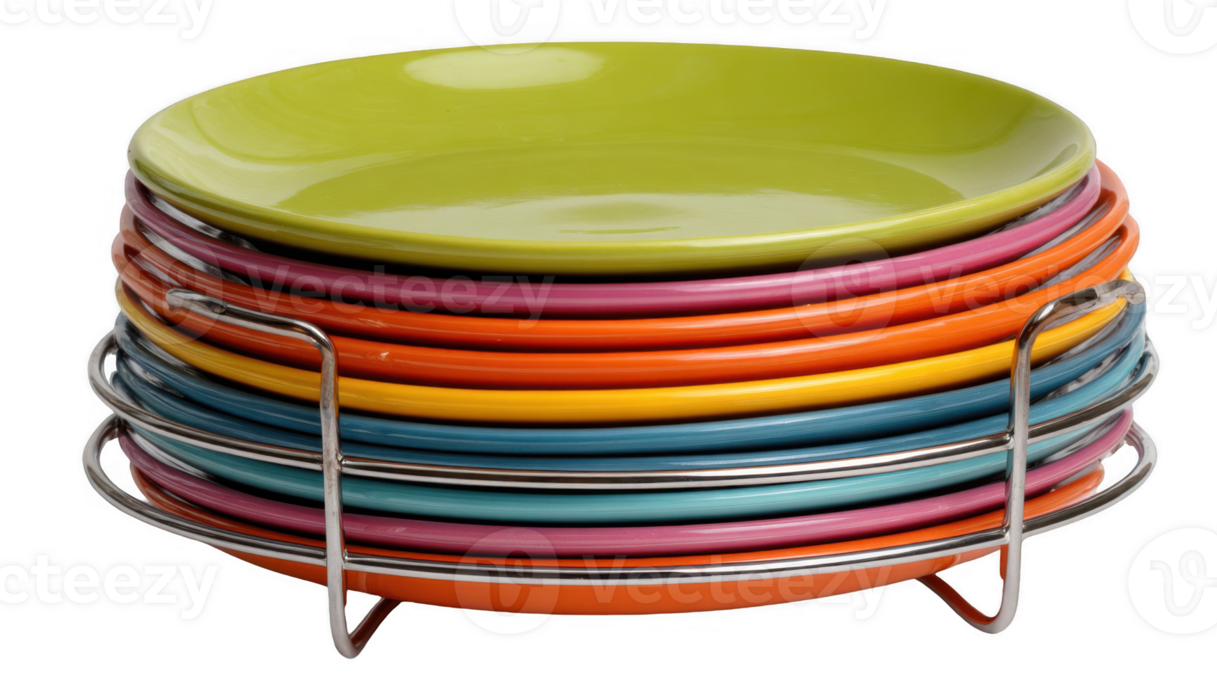Colorful plates stacked on a metal rack on transparent background png