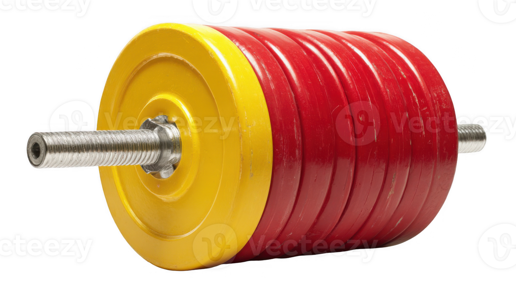 Close up of red and yellow plates on a barbell sleeve on transparent background png