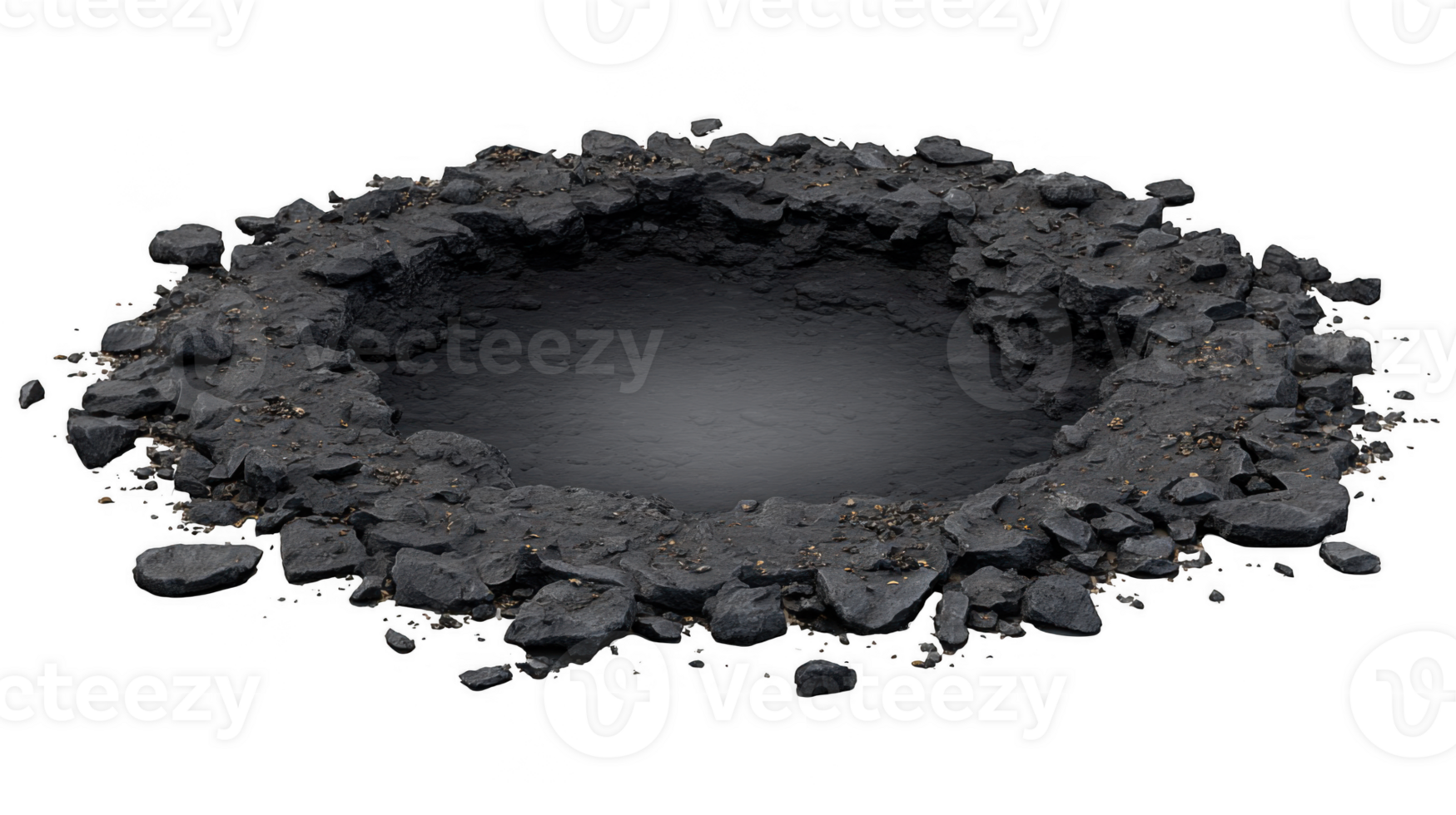 Gloomy pit surrounded by scattered stones on transparent background png