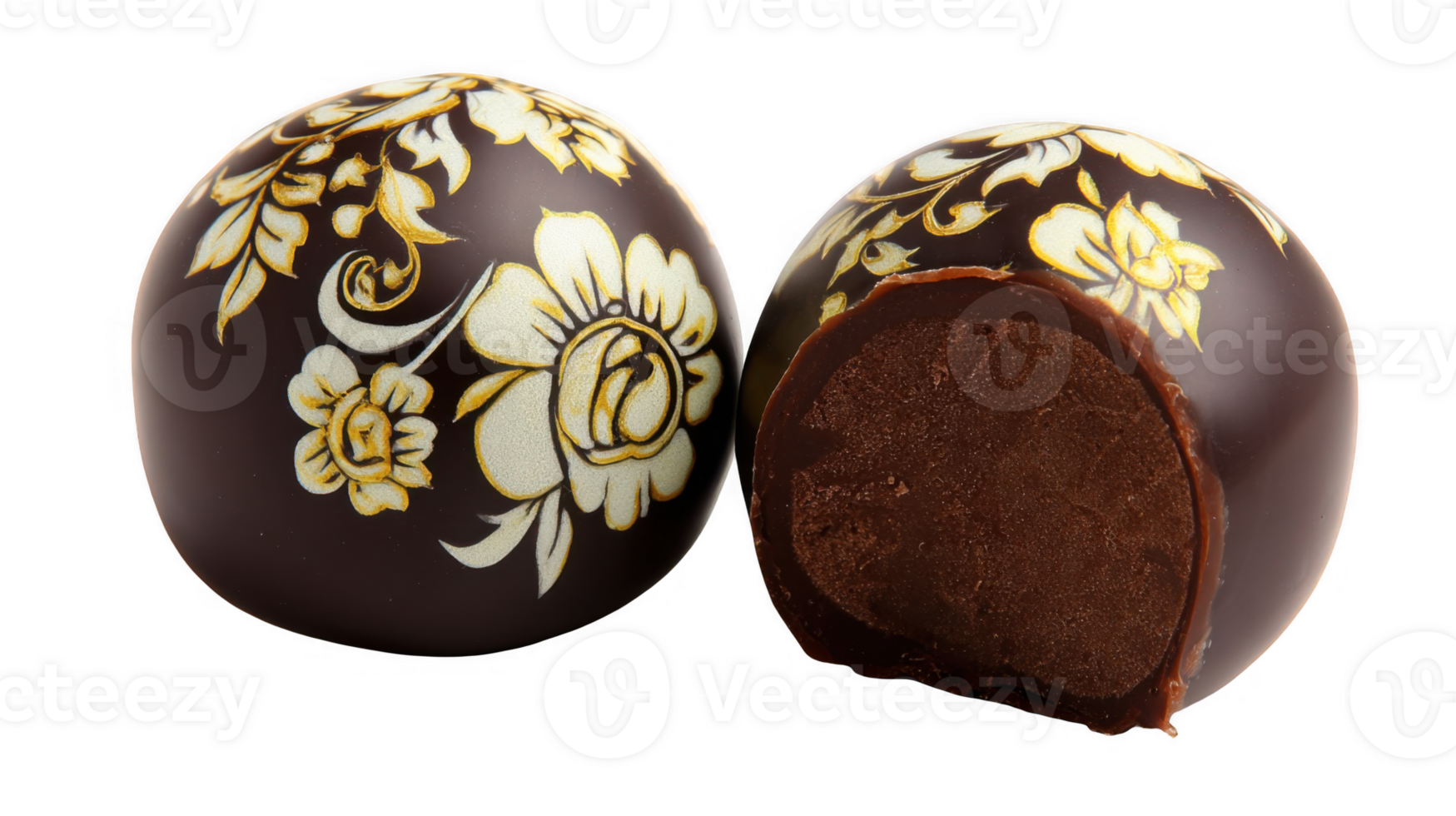Elegant chocolate truffles decorated with floral patterns on transparent background png