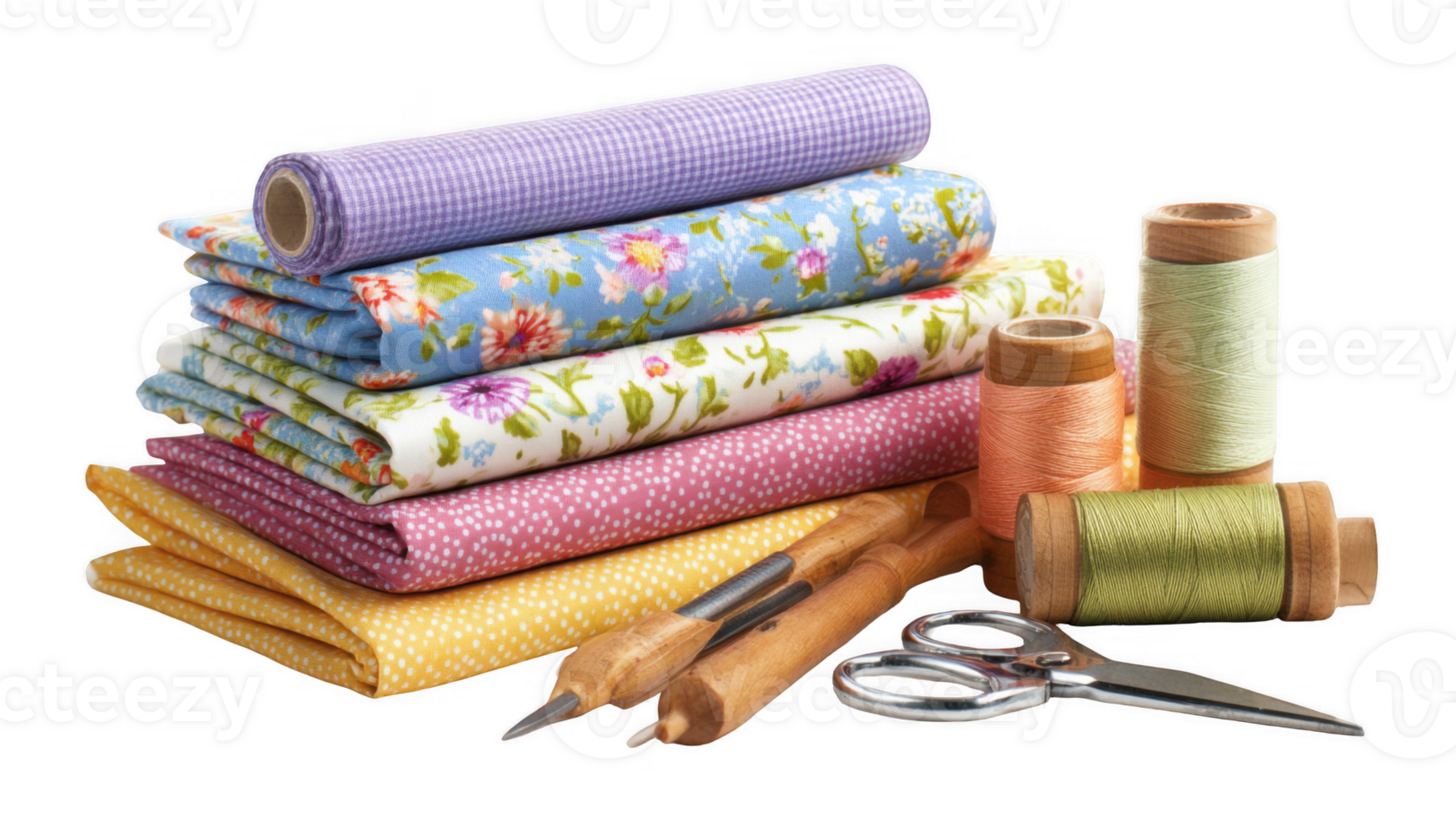 Colorful fabrics, sewing tools, and spools of thread on transparent background png