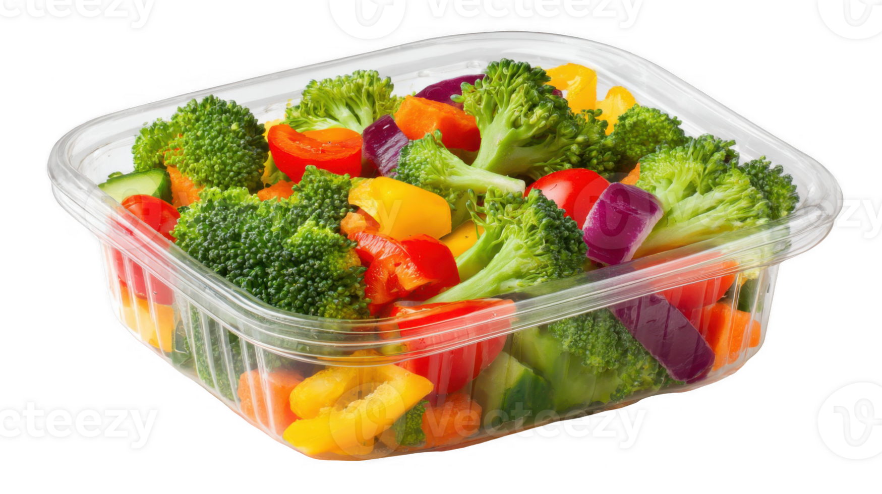 Plastic container filled with fresh mixed vegetables on transparent background png