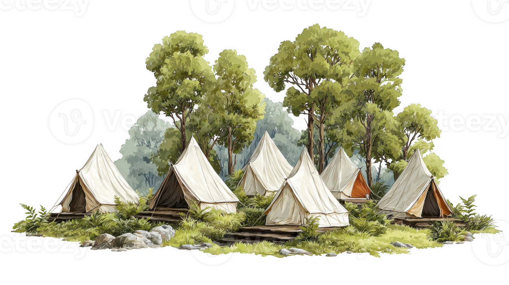 Canvas tents arranged in a sunny woodland glade with transparent background png