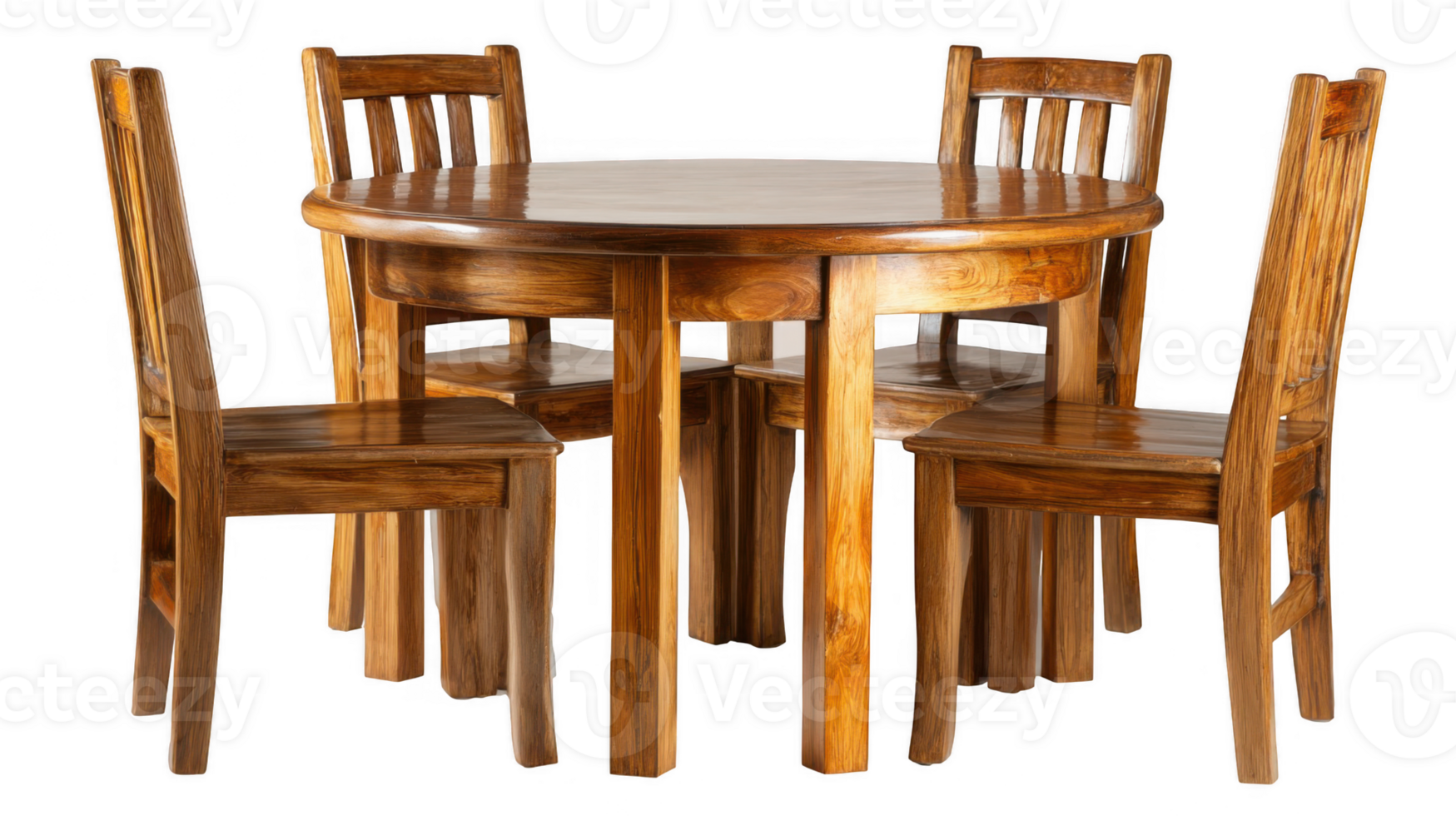 Round wooden dining table with four matching chairs on transparent background png