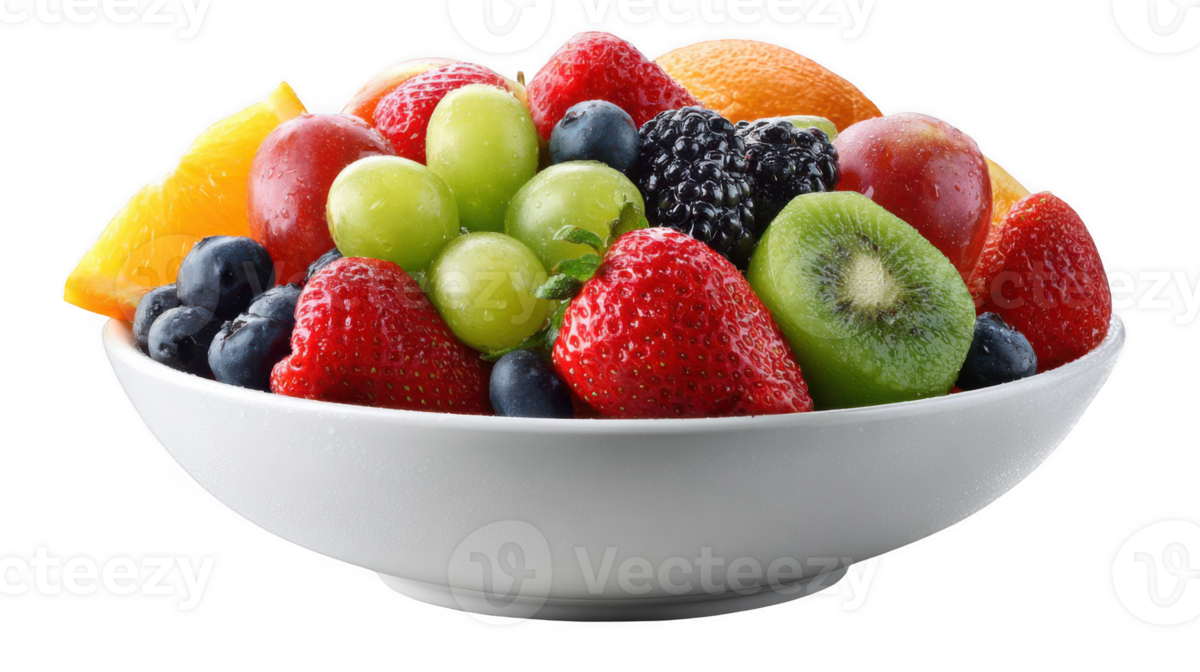 White bowl overflowing with fresh, colorful fruit on transparent background png