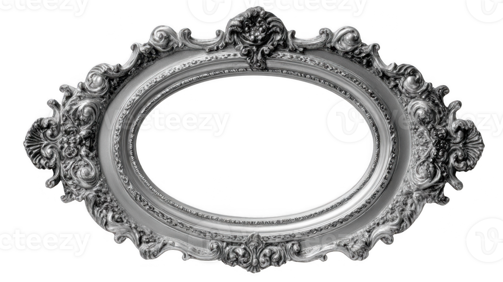 Oval silver ornate frame with transparent background isolating the empty space png
