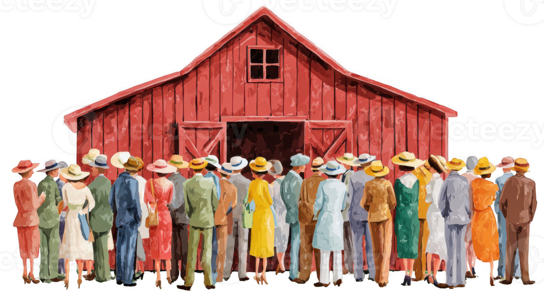 Crowd gathering outside red barn in summer hats waiting for event to start png