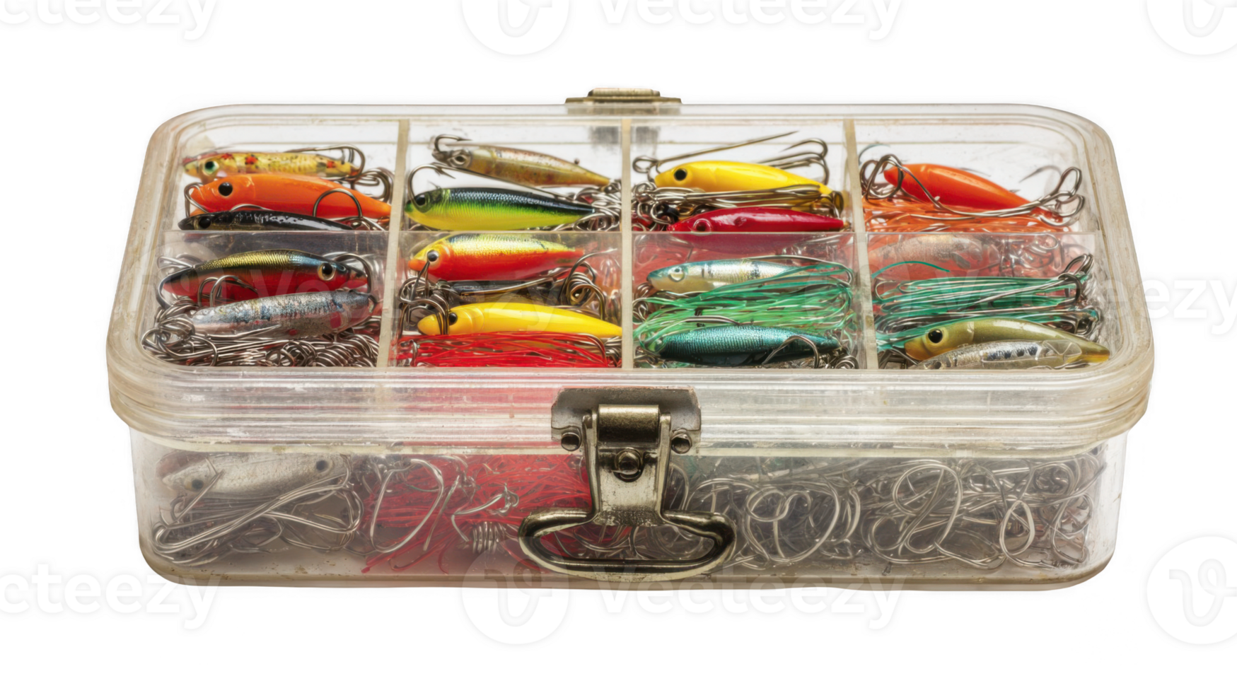 Classic tackle box packed with various fishing lures and hooks on transparent background png