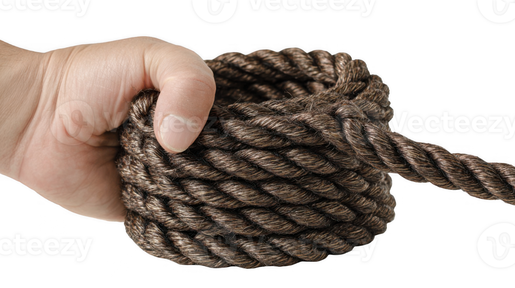 Hand gripping a neatly coiled rope on transparent background png
