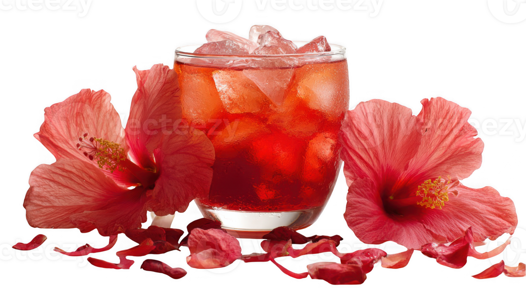 Refreshing red fruit punch with ice and hibiscus flowers on transparent background png