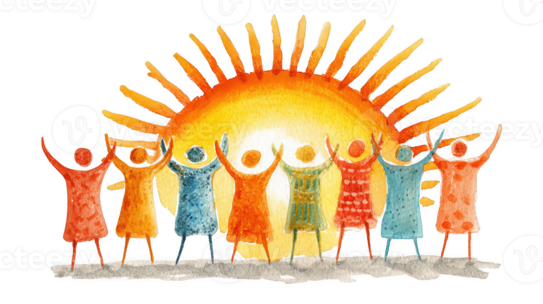 People raising hands in front of bright sun with transparent background png