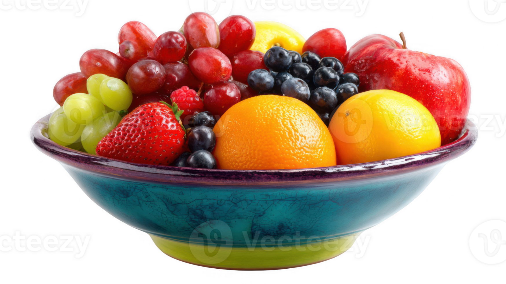 Colorful ceramic bowl overflowing with fresh ripe fruit on transparent background png