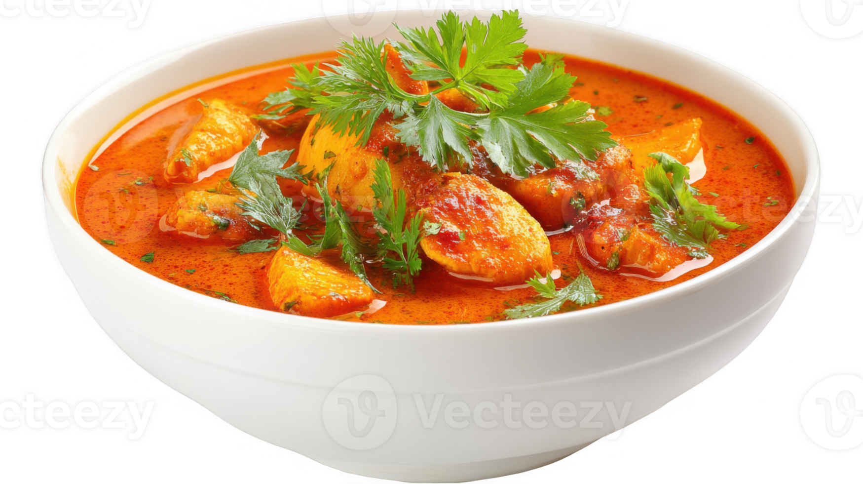 Spicy chicken curry garnished with fresh herbs in white bowl on transparent background png