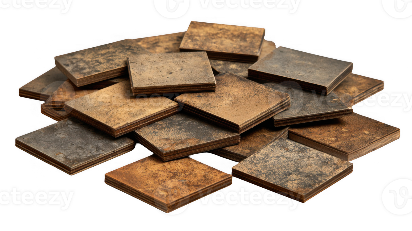 Distressed cardboard game tiles layered on transparent background png