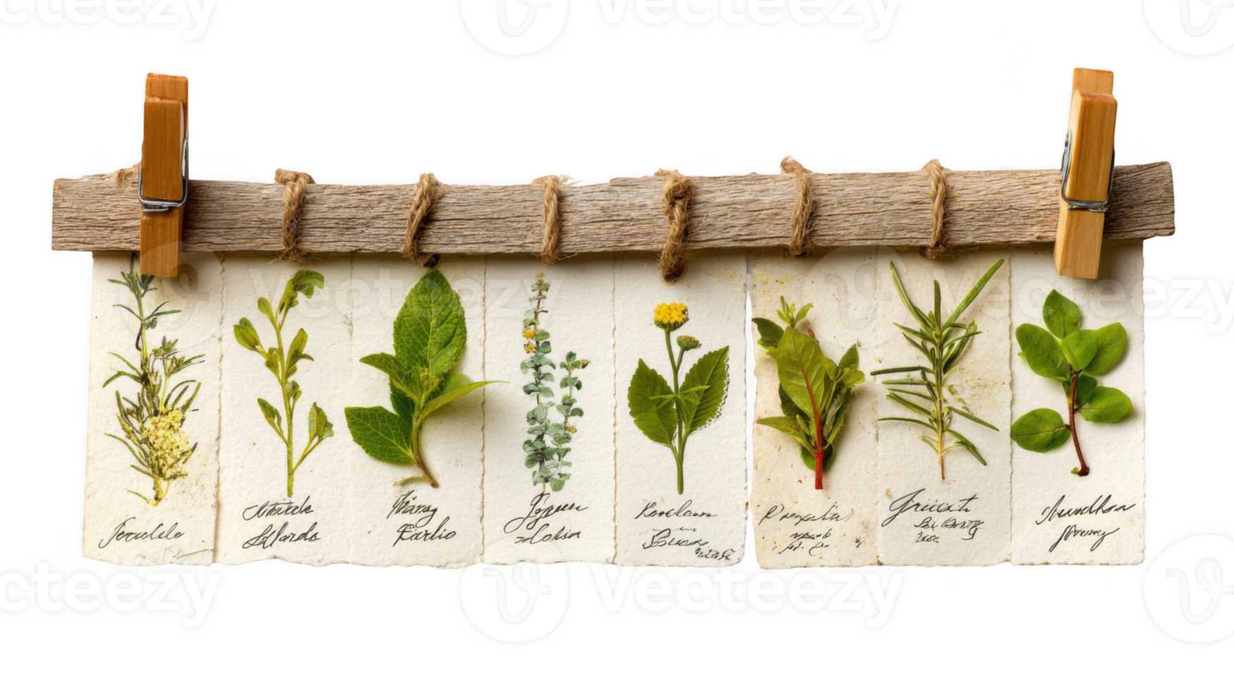 Edible plants hanging on a wooden stick with clothespins on transparent background png