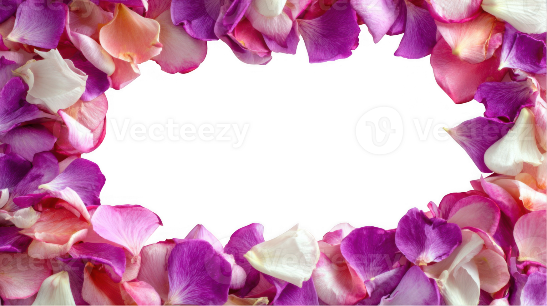 Frame of colorful rose petals creating a border on transparent background png