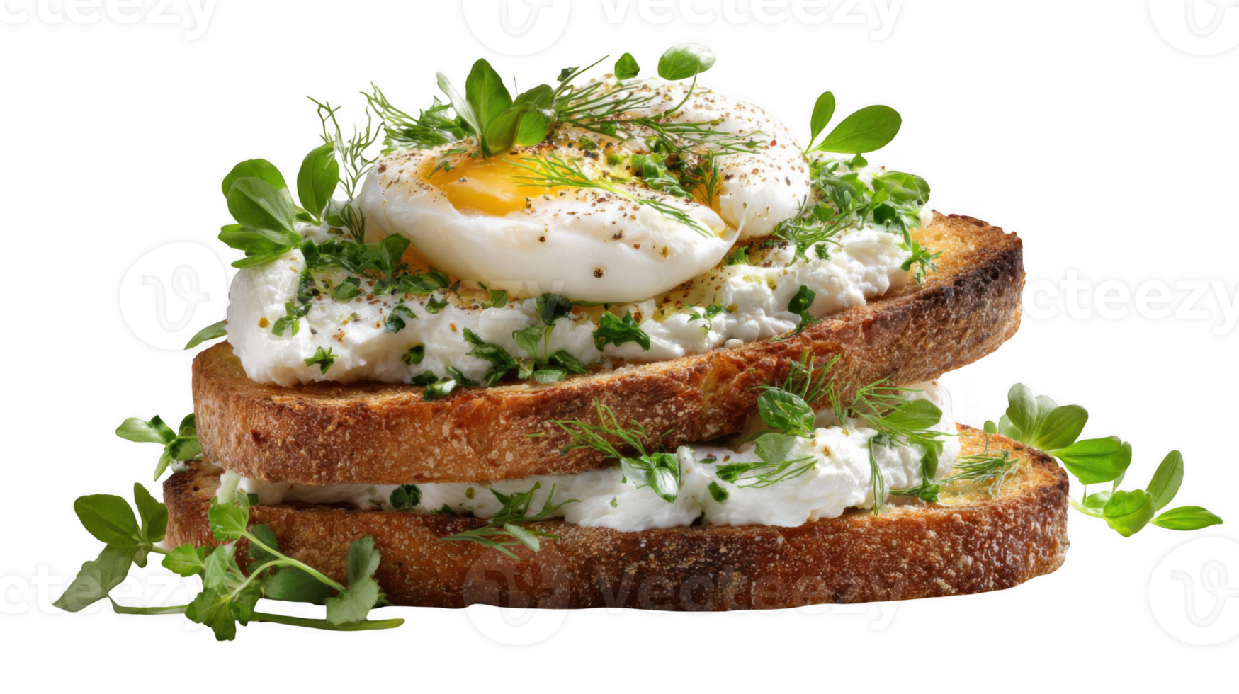 Delicious poached egg and goat cheese on toasted sourdough with herbs png
