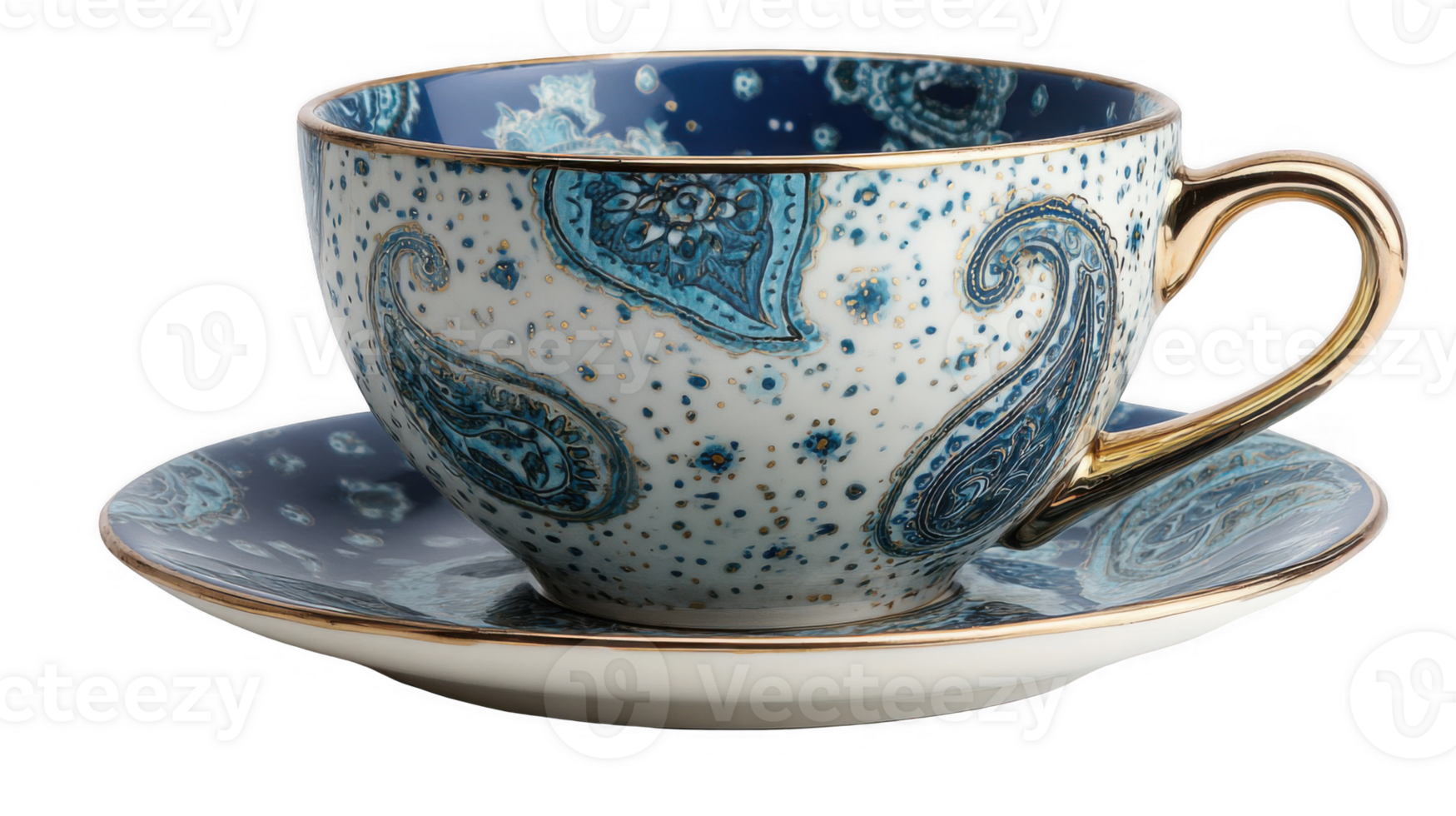 Elegant teacup and saucer with blue paisley design on transparent background png