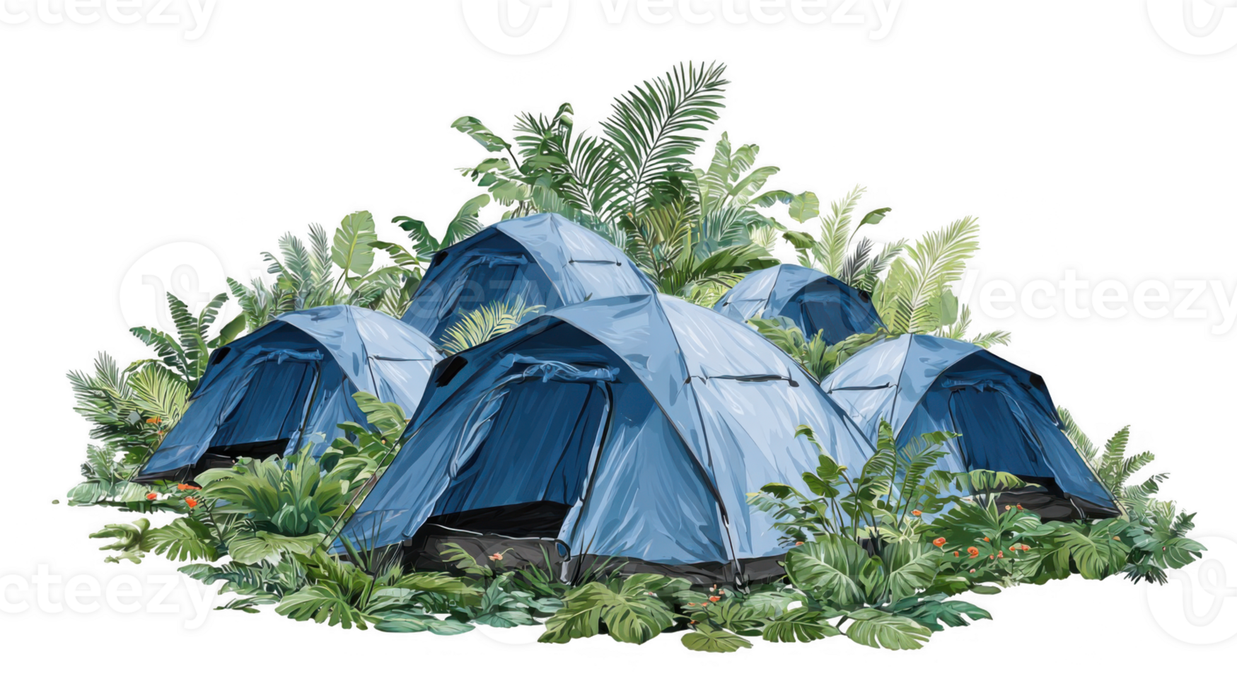 Camping tents surrounded by lush tropical vegetation on transparent background png