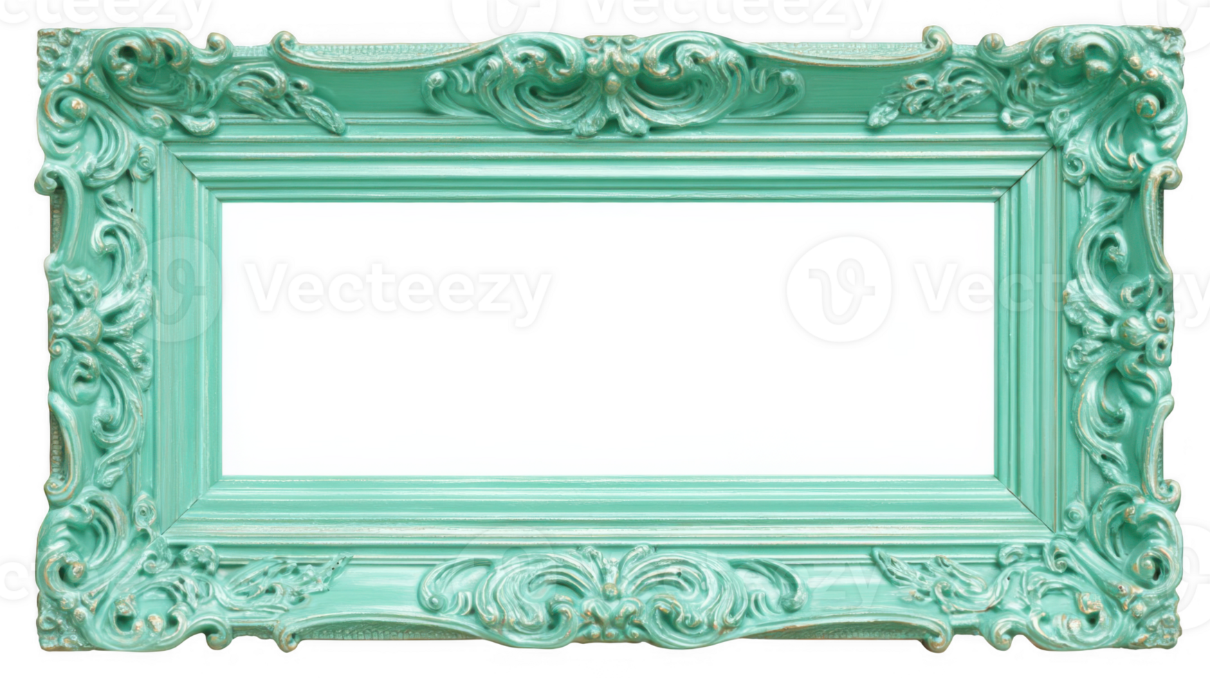 Elegant mint green picture frame with ornate design and transparent background png
