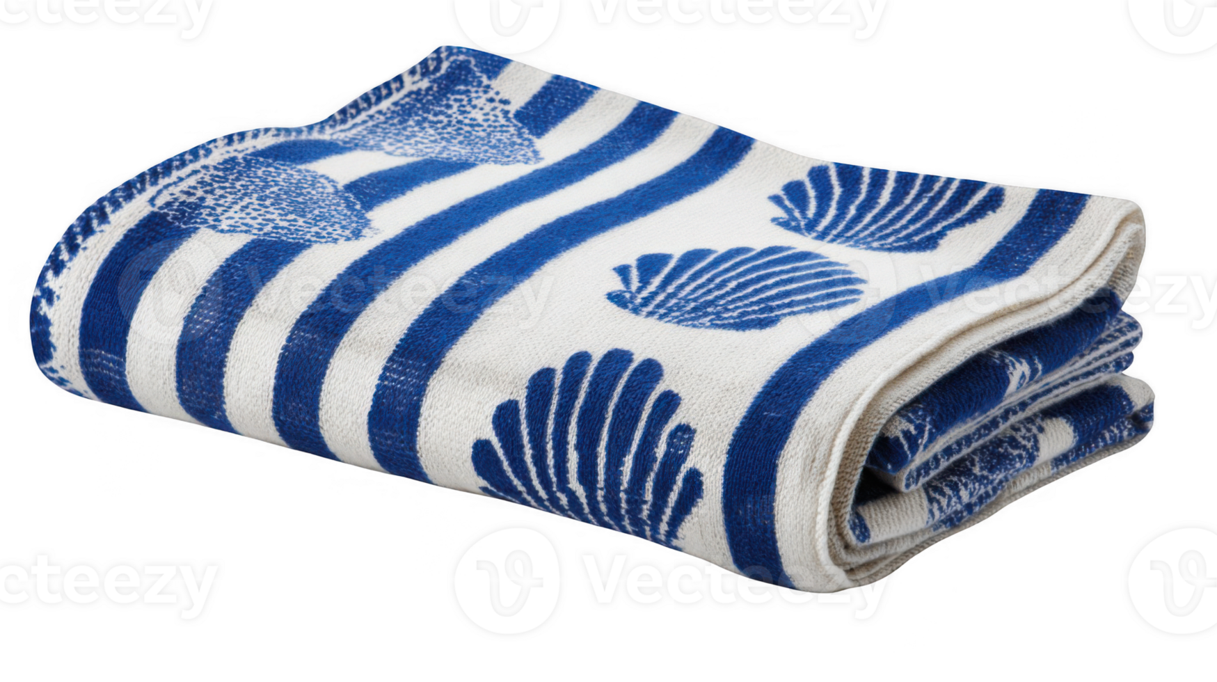 Folded nautical blanket with blue seashells and stripes on transparent background png