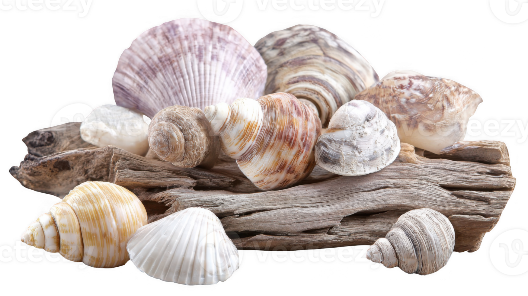 Varied seashells resting on rustic driftwood with transparent background png