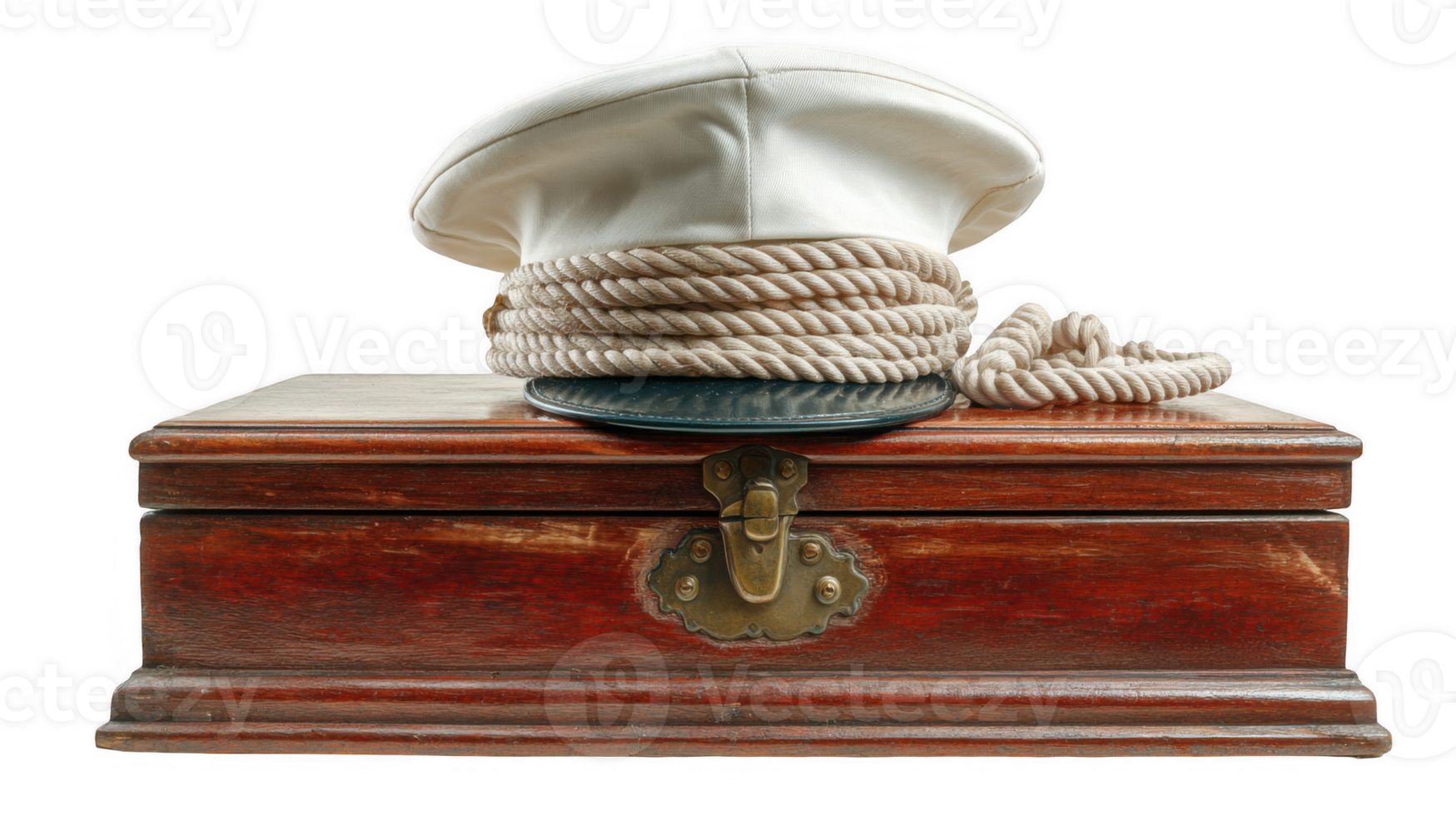 White sailor's peaked cap resting on vintage wooden chest with transparent background png