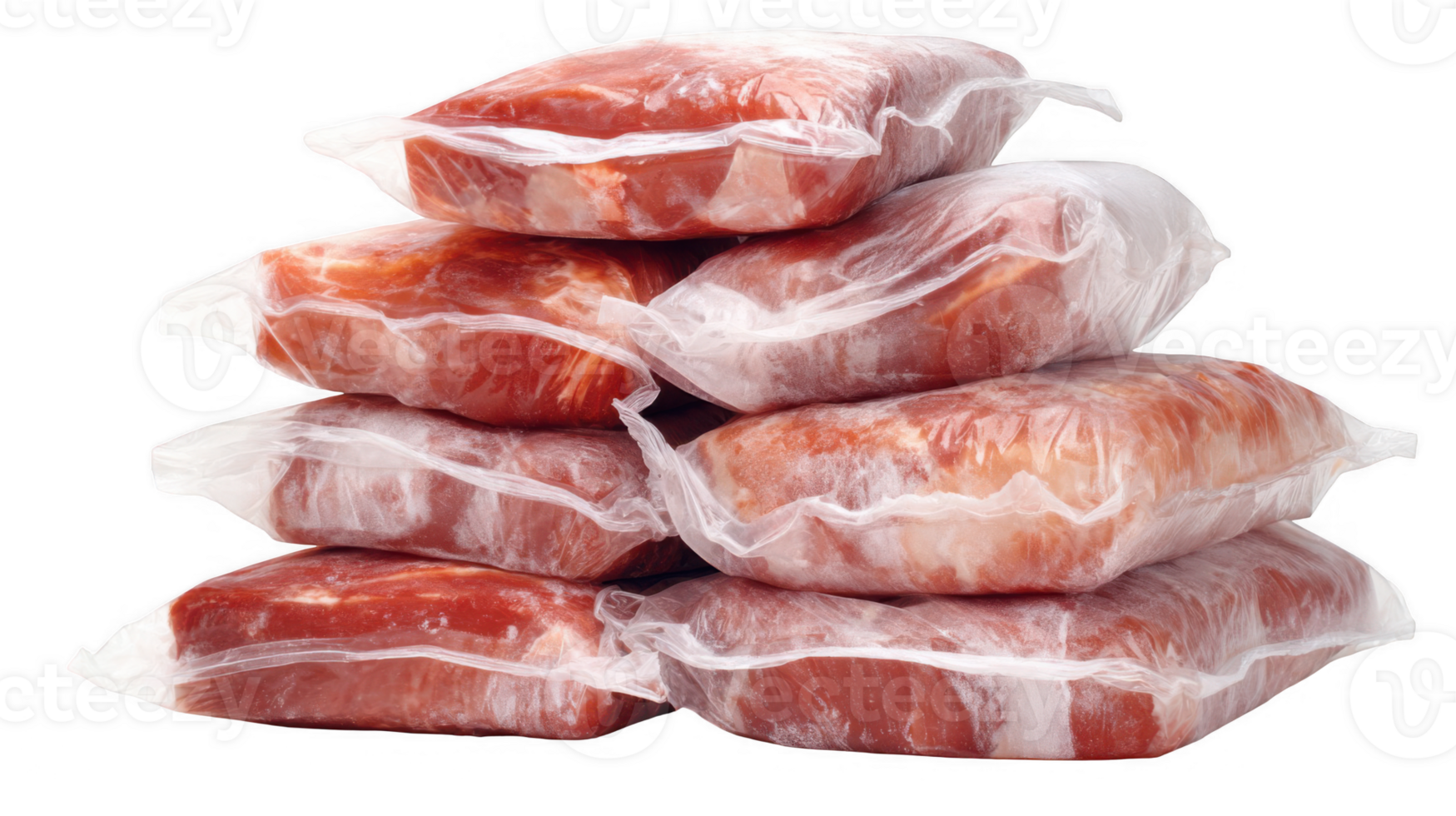 Stack of vacuum packed frozen meat on transparent background png