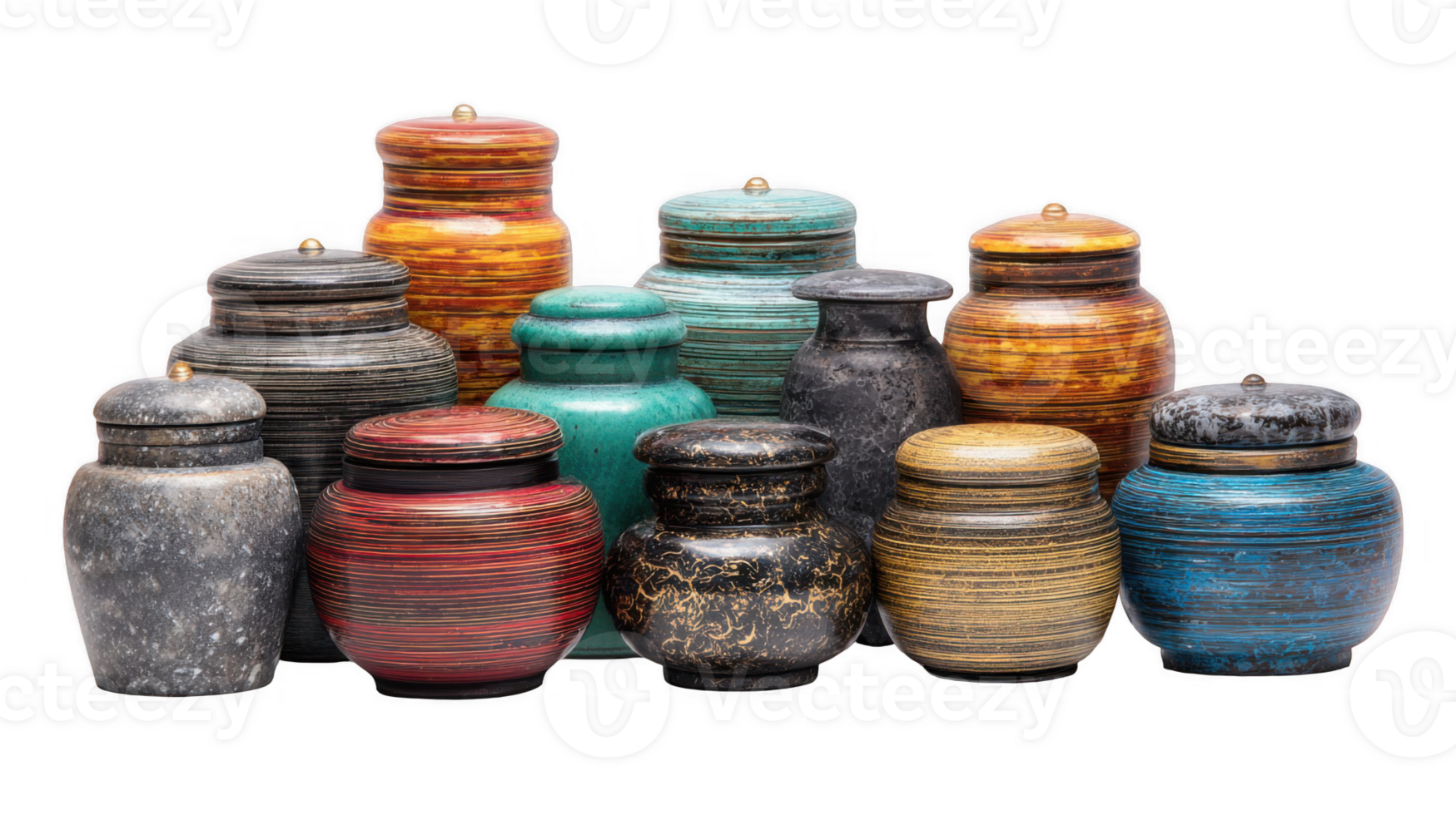 Colorful decorative jars with lids forming a stack on transparent background png