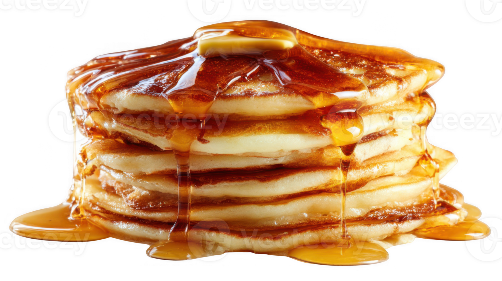 Stack of fluffy pancakes dripping with syrup and butter on transparent background png