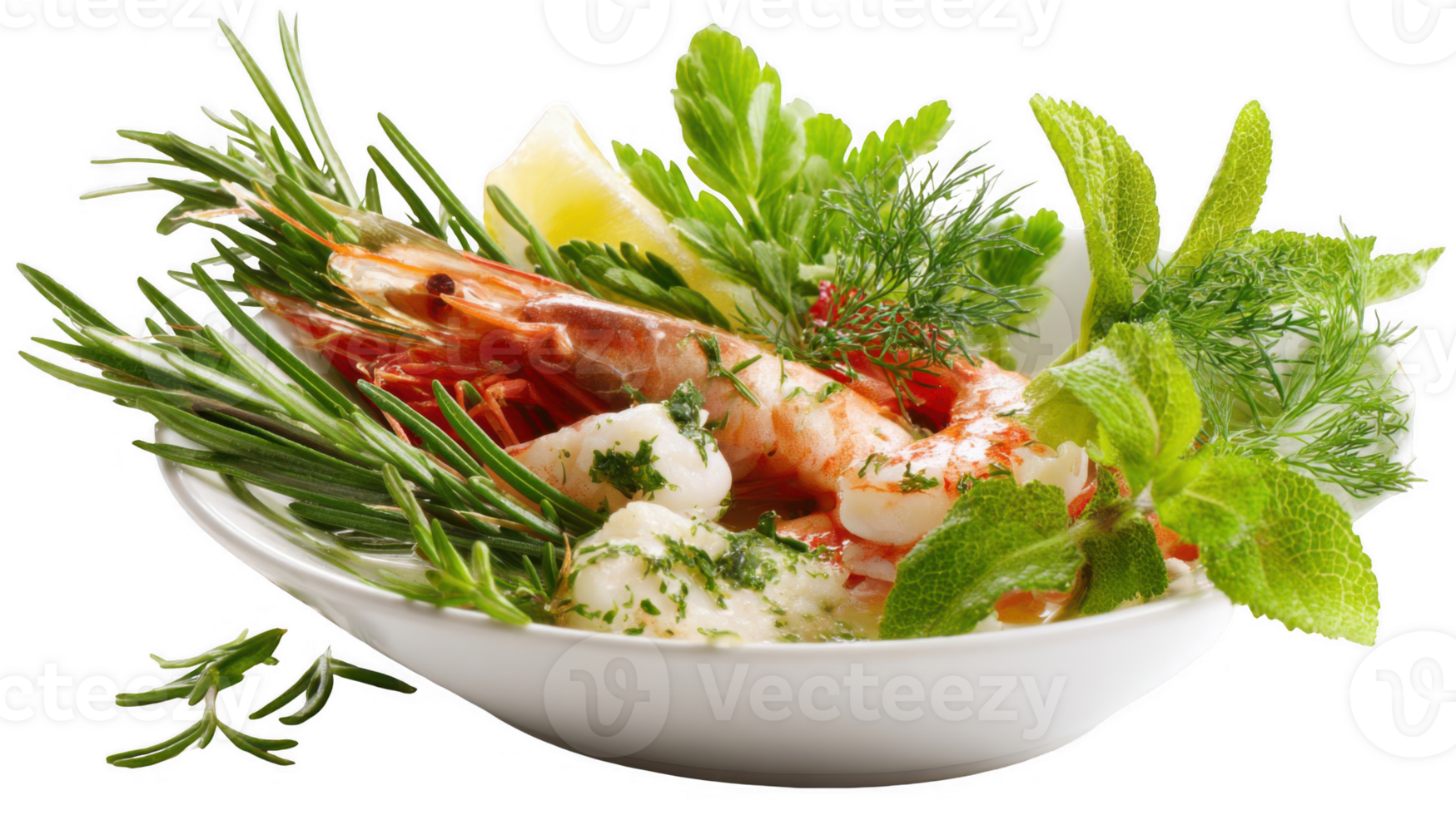 Fresh prawns with herbs and lemon slice in a bowl on transparent background png