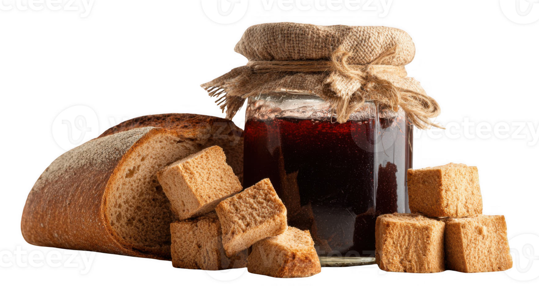 Rustic jam jar with sourdough and bread cubes on transparent background png