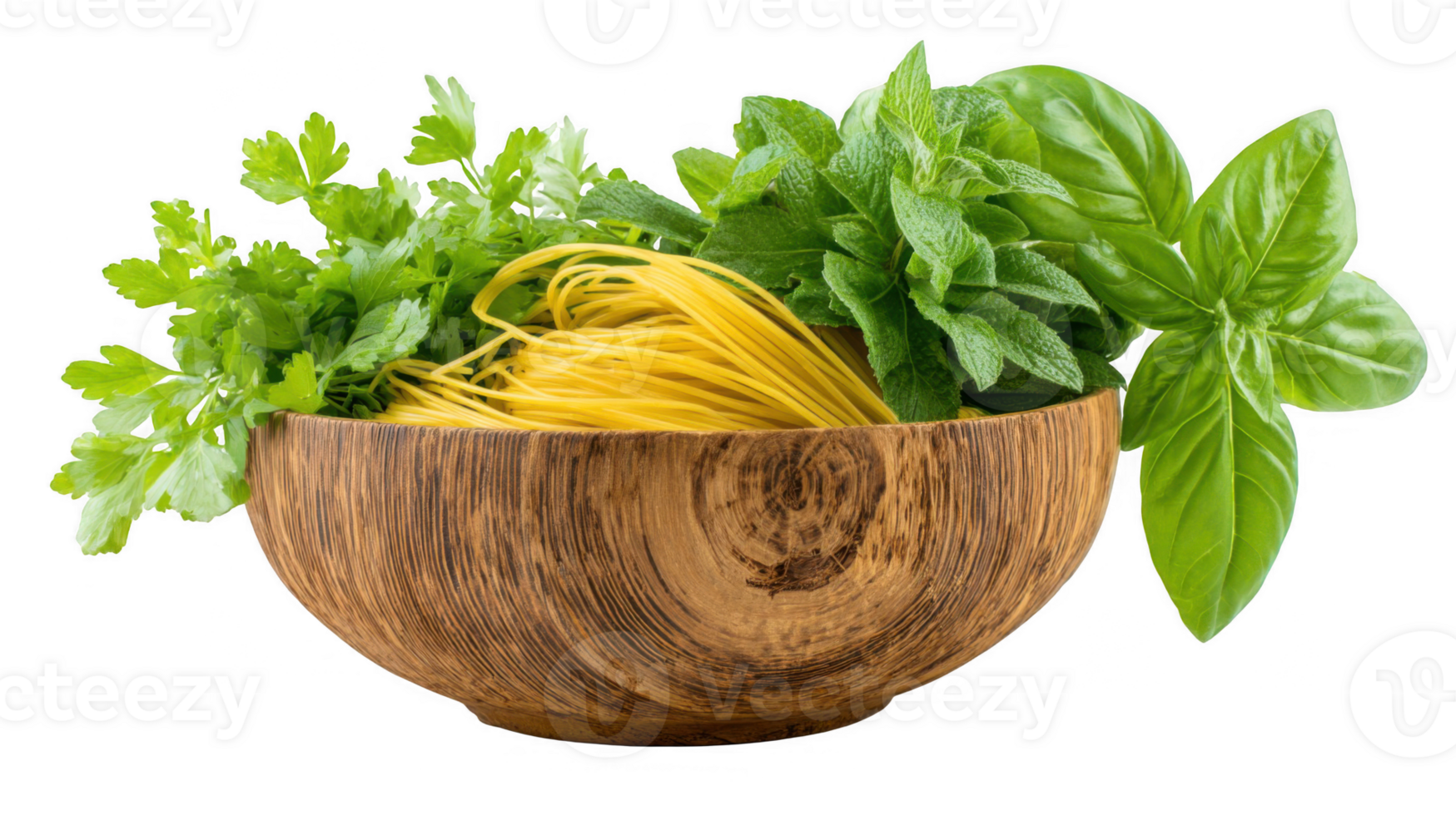 Wooden bowl showcasing fresh herbs and spaghetti with transparent background png