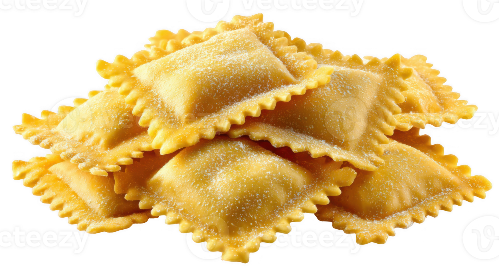 Pile of uncooked square ravioli with flour on transparent background png