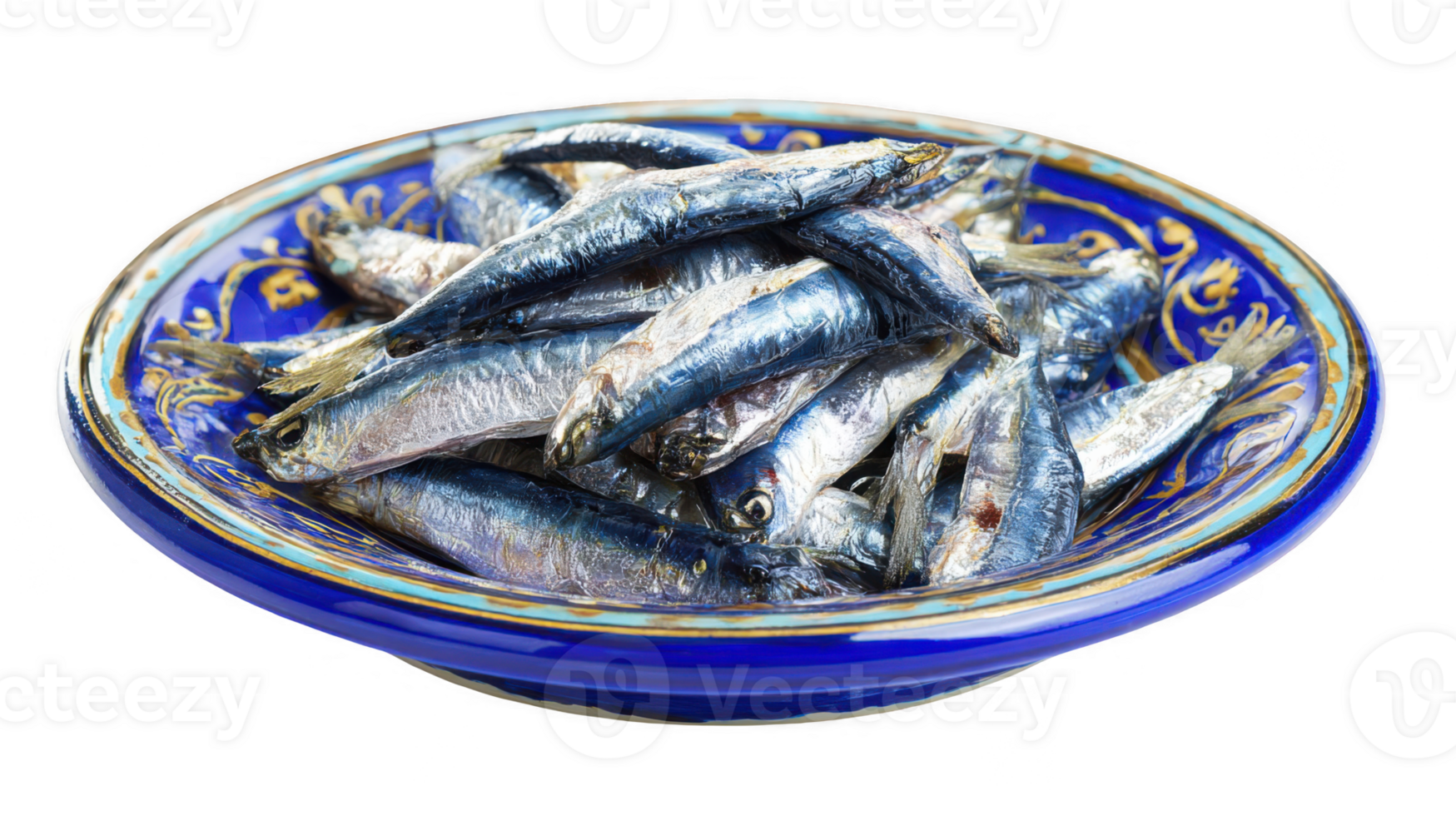 Fresh sardines lying on elegant blue ceramic plate with transparent background png