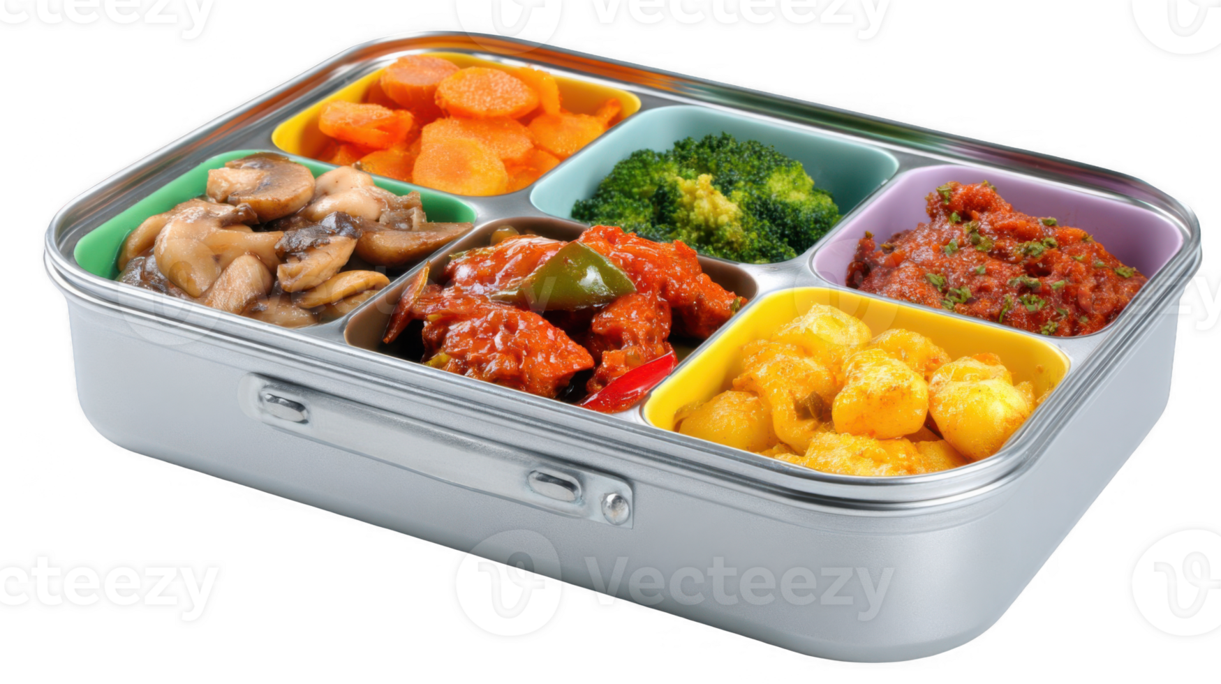 Metal lunchbox containing colorful meal portions on transparent background png